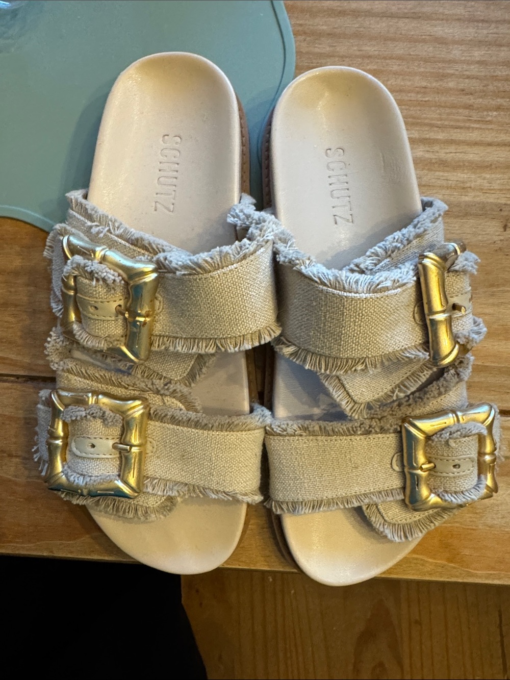 SCHUTZ Ebola sporty Canvas Frayed Double-Buckle Slide Sandals with Gold Buckles